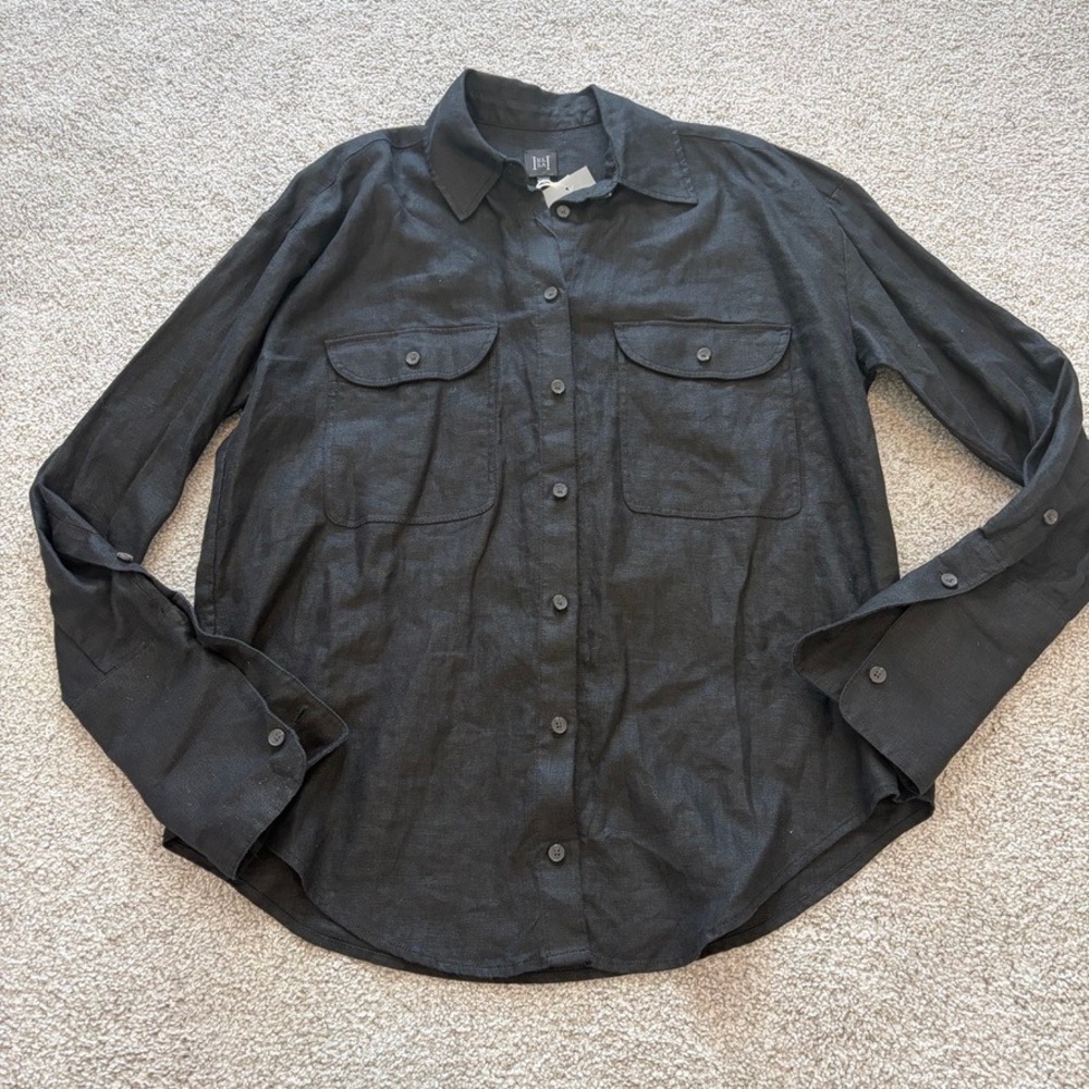Helsa Linen Button Down Shirt Womens XXS/XS Black Relaxed Oversized Quiet Luxury